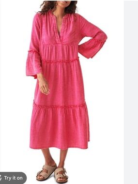 Faherty Vida Dream Granita Pink Tiered Organic Cotton Gauze Midi Dress